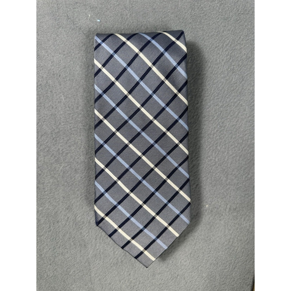 Burberry London Men's 100% Silk Extra Long Tie Gray Blue Plaid 61" 3.5"